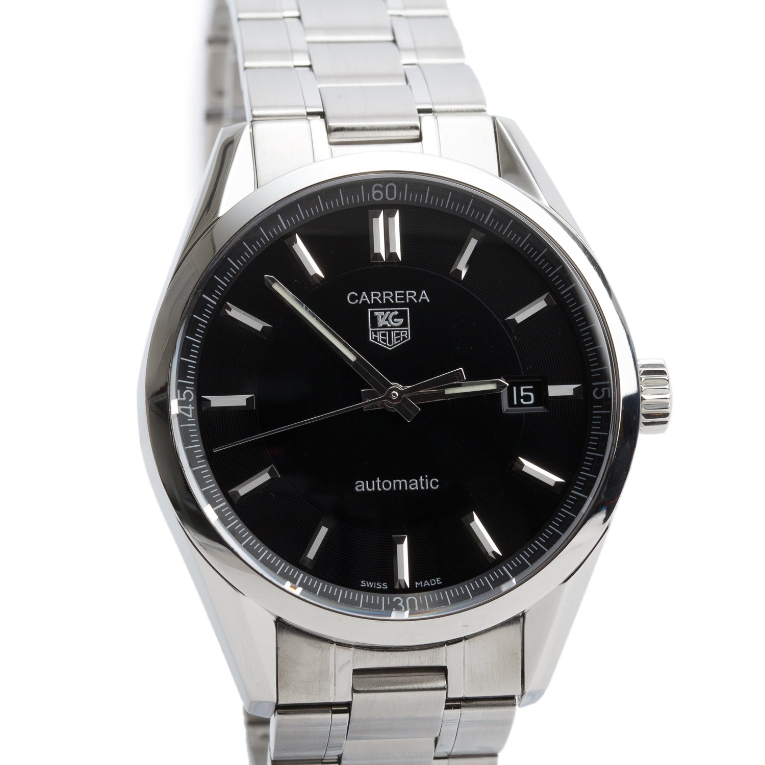 Tag Heuer Stainless Steel Carrera Calibre 5 39 MM Automatic Watch Black Dial WV211B-2 w/ Box & Papers