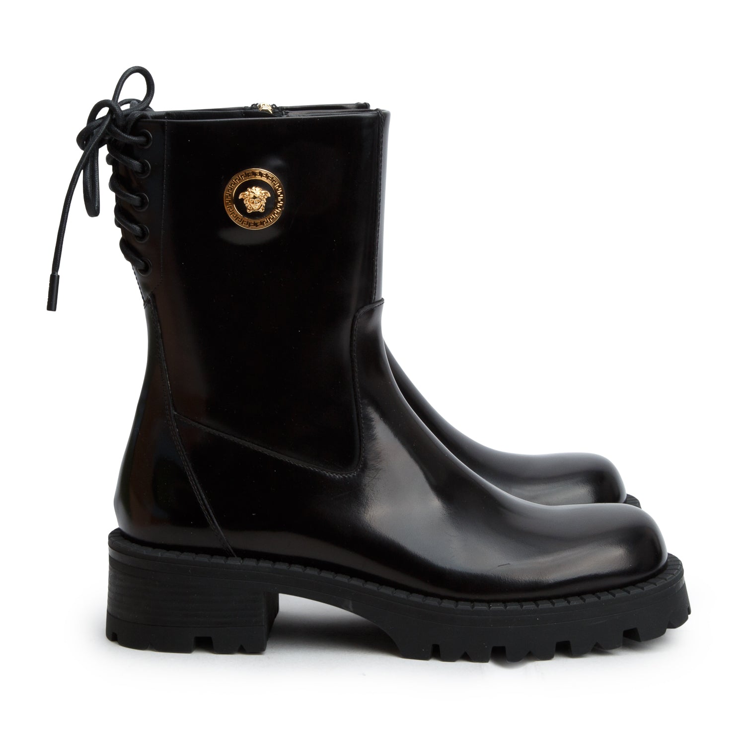 Versace Black Patent Leather Medusa Insignia Moto Boots, Size 41 w/ Box