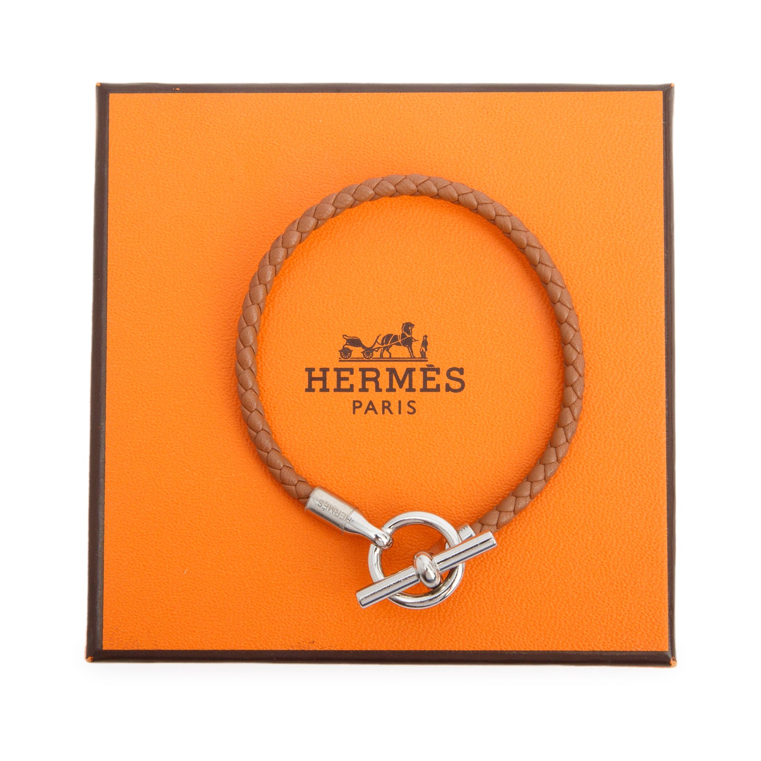 Hermes Palladium Plated Glenan H Brown Braided Calfskin Leather Bracelet w/ Box