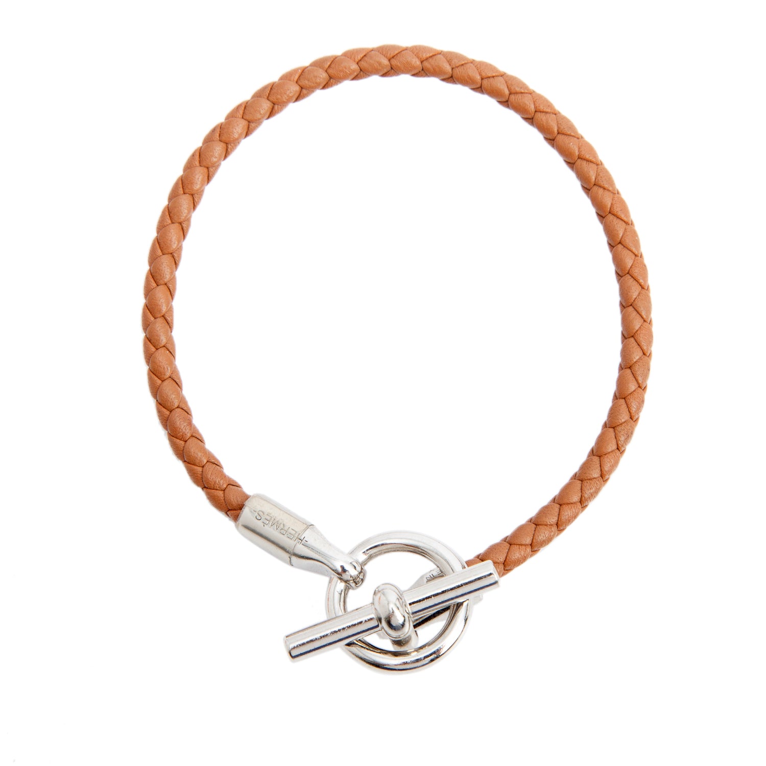 Hermes Palladium Plated Glenan H Brown Braided Calfskin Leather Bracelet w/ Box