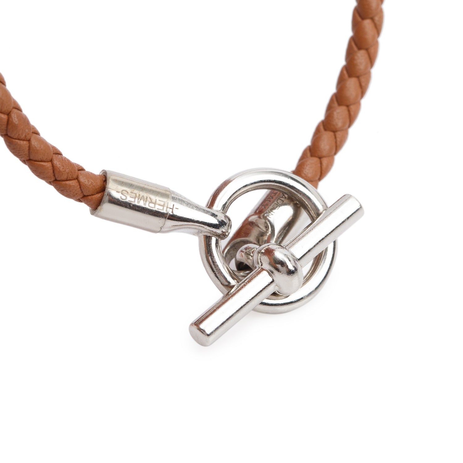 Hermes Palladium Plated Glenan H Brown Braided Calfskin Leather Bracelet w/ Box
