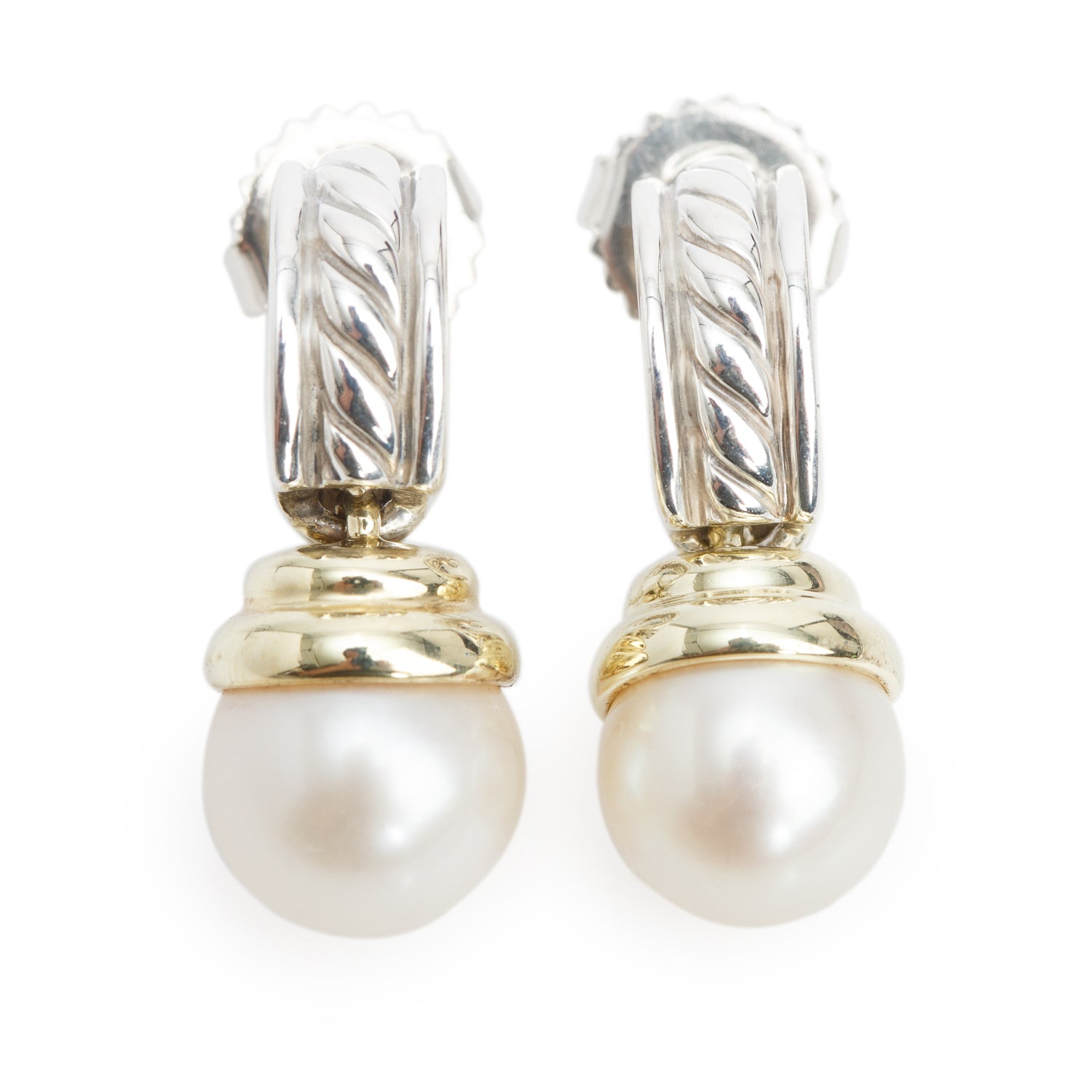 David Yurman Sterling Silver & 14k Yellow Gold Pearl Huggie Earrings