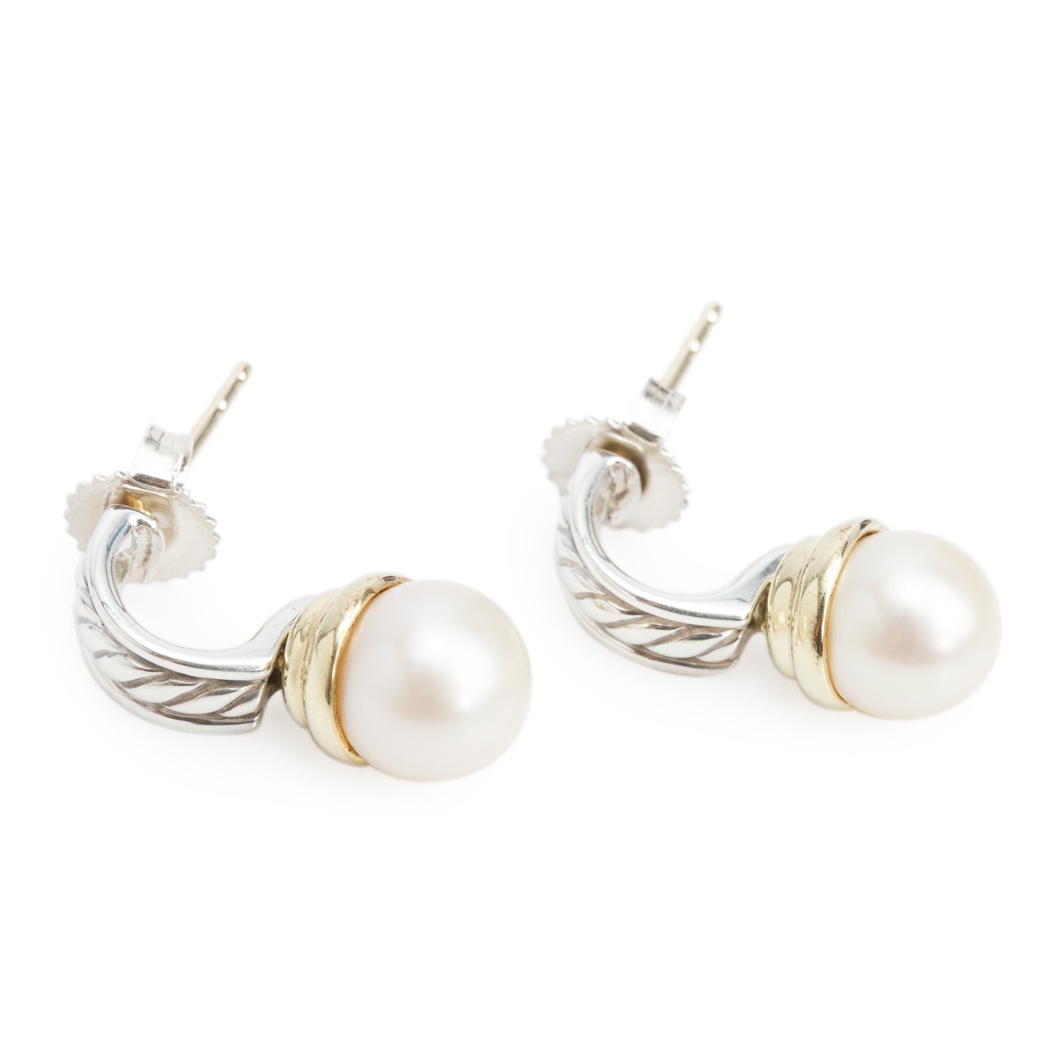 David Yurman Sterling Silver & 14k Yellow Gold Pearl Huggie Earrings