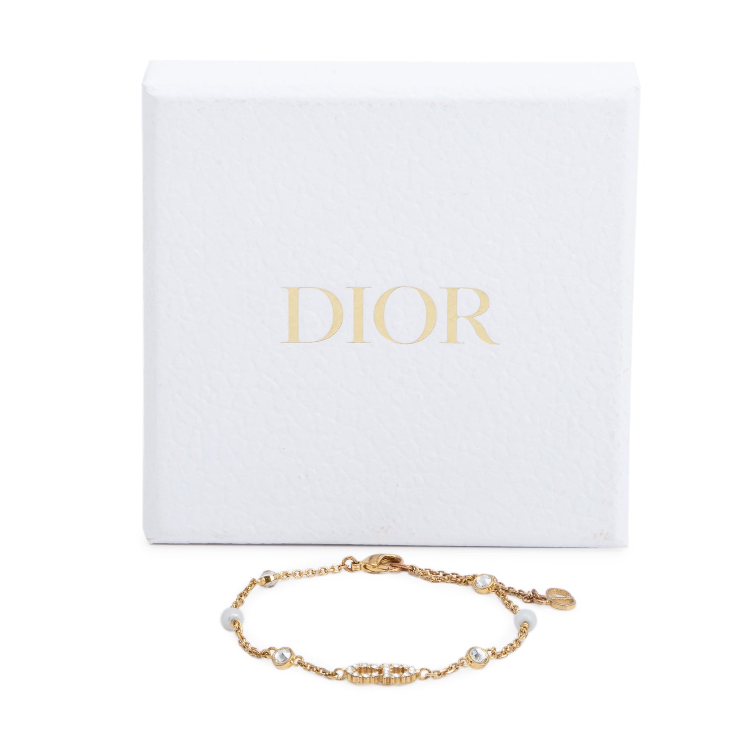 Christian Dior Gold Plated Resin Pearl & Crystal Crystal Clair D Lune Bracelet w/ Box