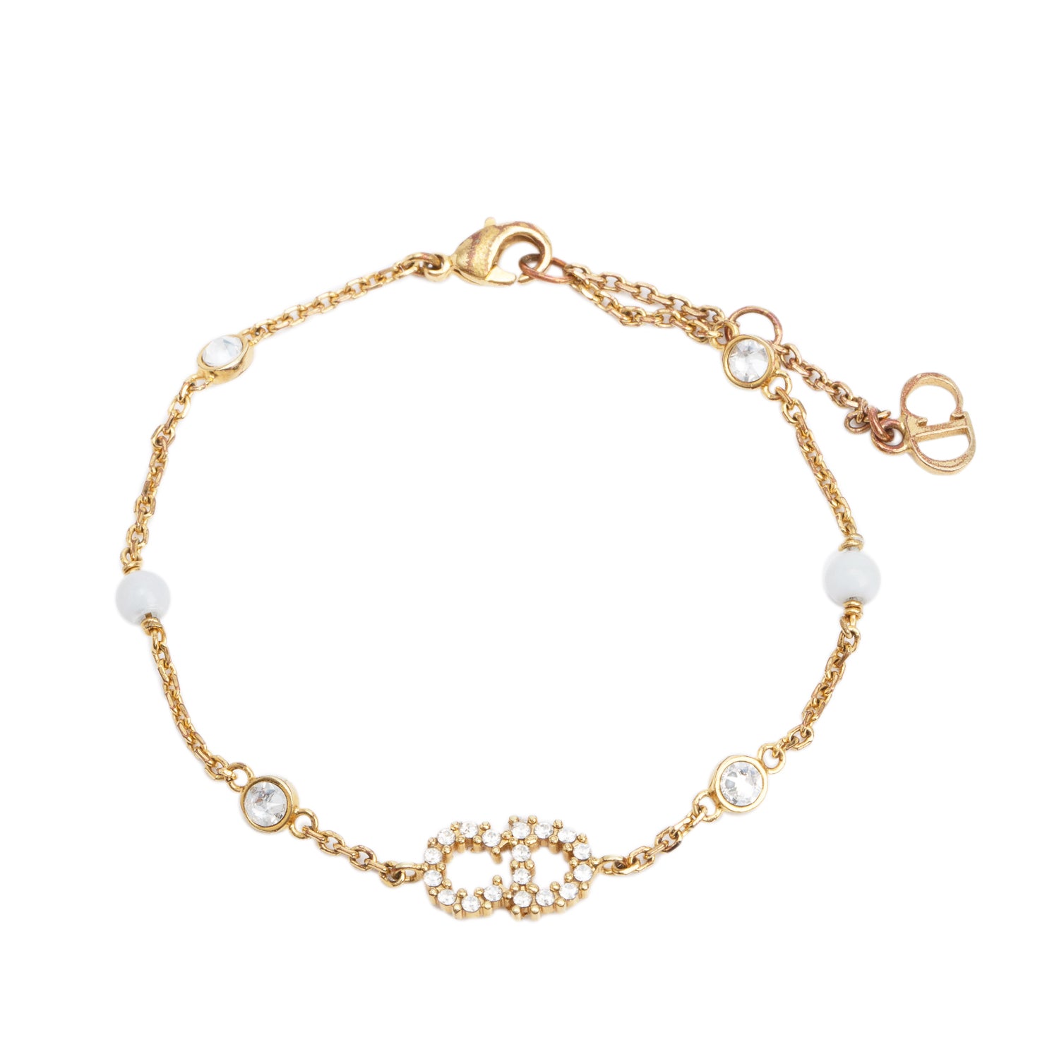 Christian Dior Gold Plated Resin Pearl & Crystal Crystal Clair D Lune Bracelet w/ Box