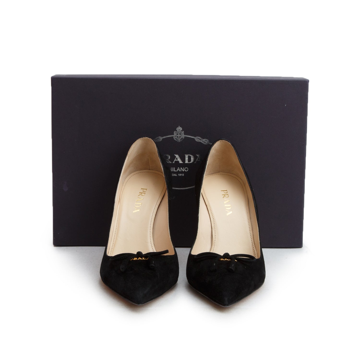 Prada Black Suede Bow Accent Pumps, Size 37 w/ Box