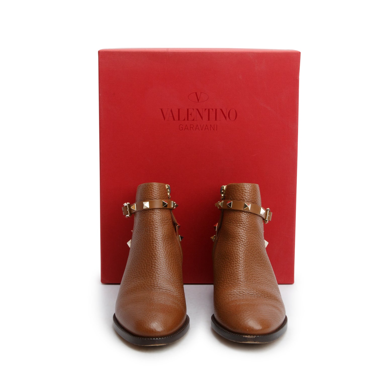Valentino Brown Grained Leather Rockstud Ankle Boots, Size 36