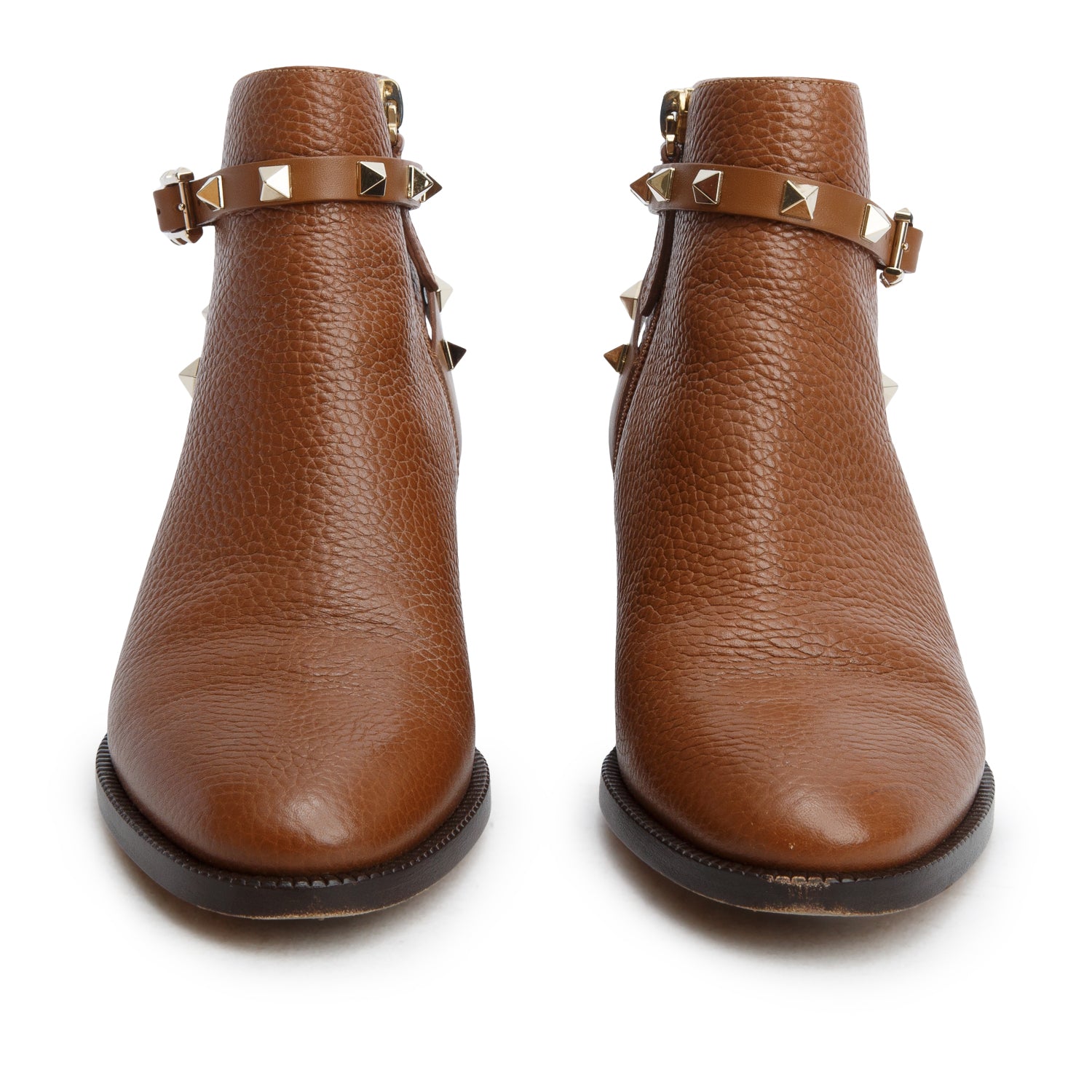 Valentino Brown Grained Leather Rockstud Ankle Boots, Size 36