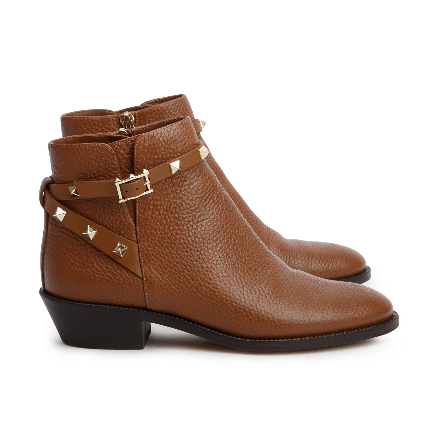 Valentino Brown Grained Leather Rockstud Ankle Boots, Size 36