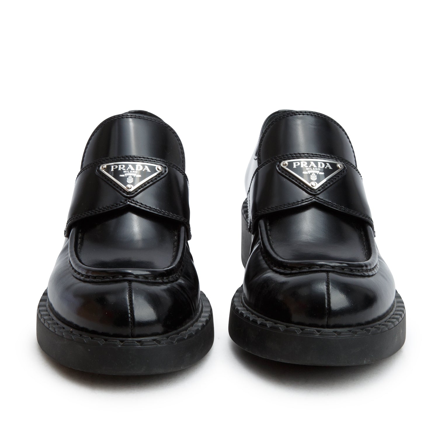 Prada Black Brushed Leather Signature Logo Loafers, Size 38 w/ Box