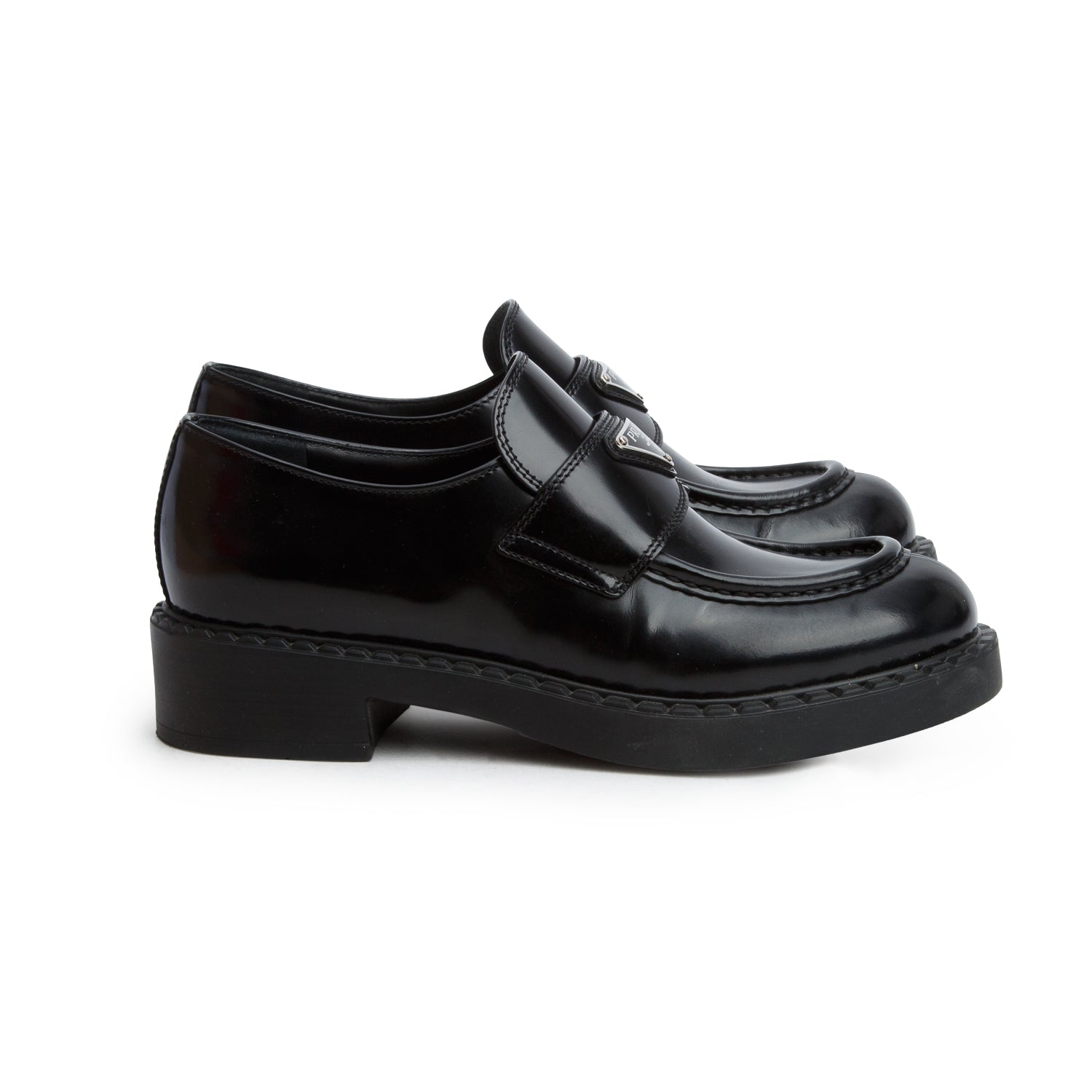 Prada Black Brushed Leather Signature Logo Loafers, Size 38 w/ Box