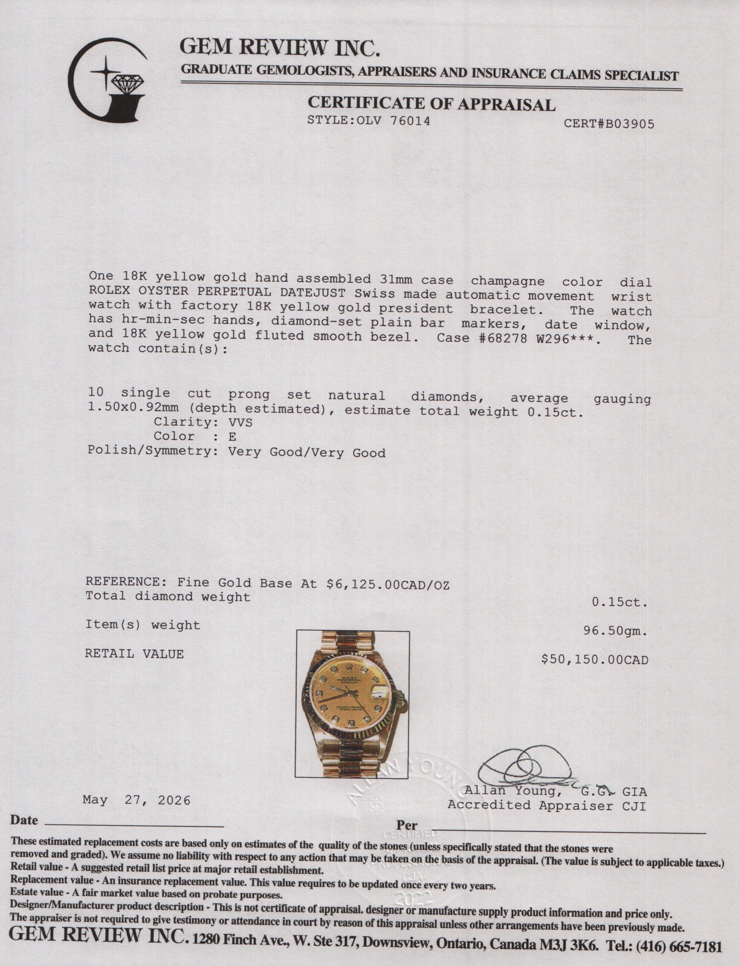 Rolex 18k Yellow Gold Datejust 31 MM Automatic Watch Champagne Diamond Dial 68278