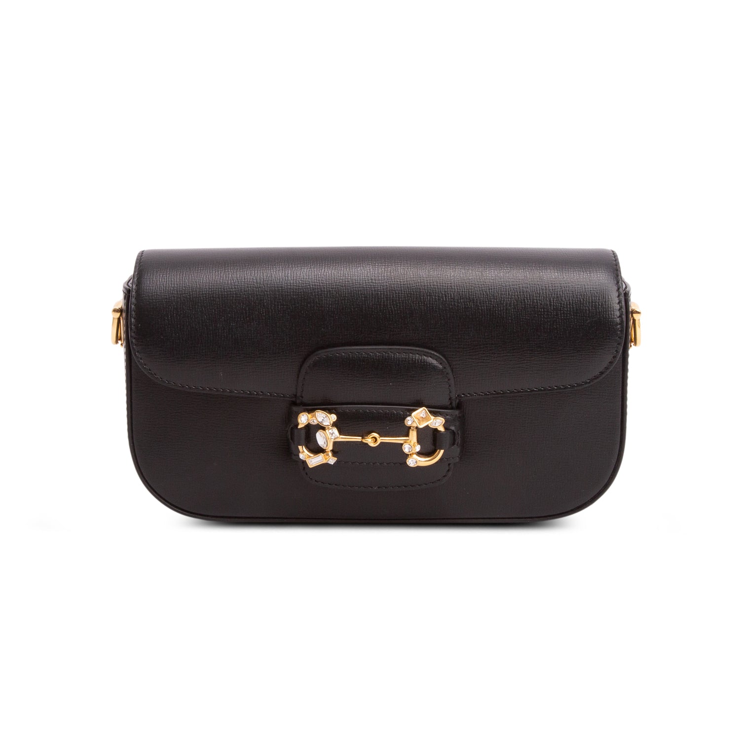 Gucci Black Azalea Calfskin Crystal Small Horsebit 1955 Shoulder Bag w/ Straps
