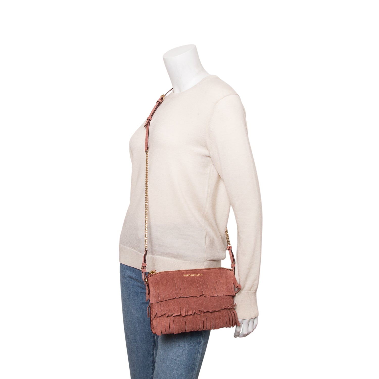 Burberry Pink Suede Peyton Fringe Crossbody Bag