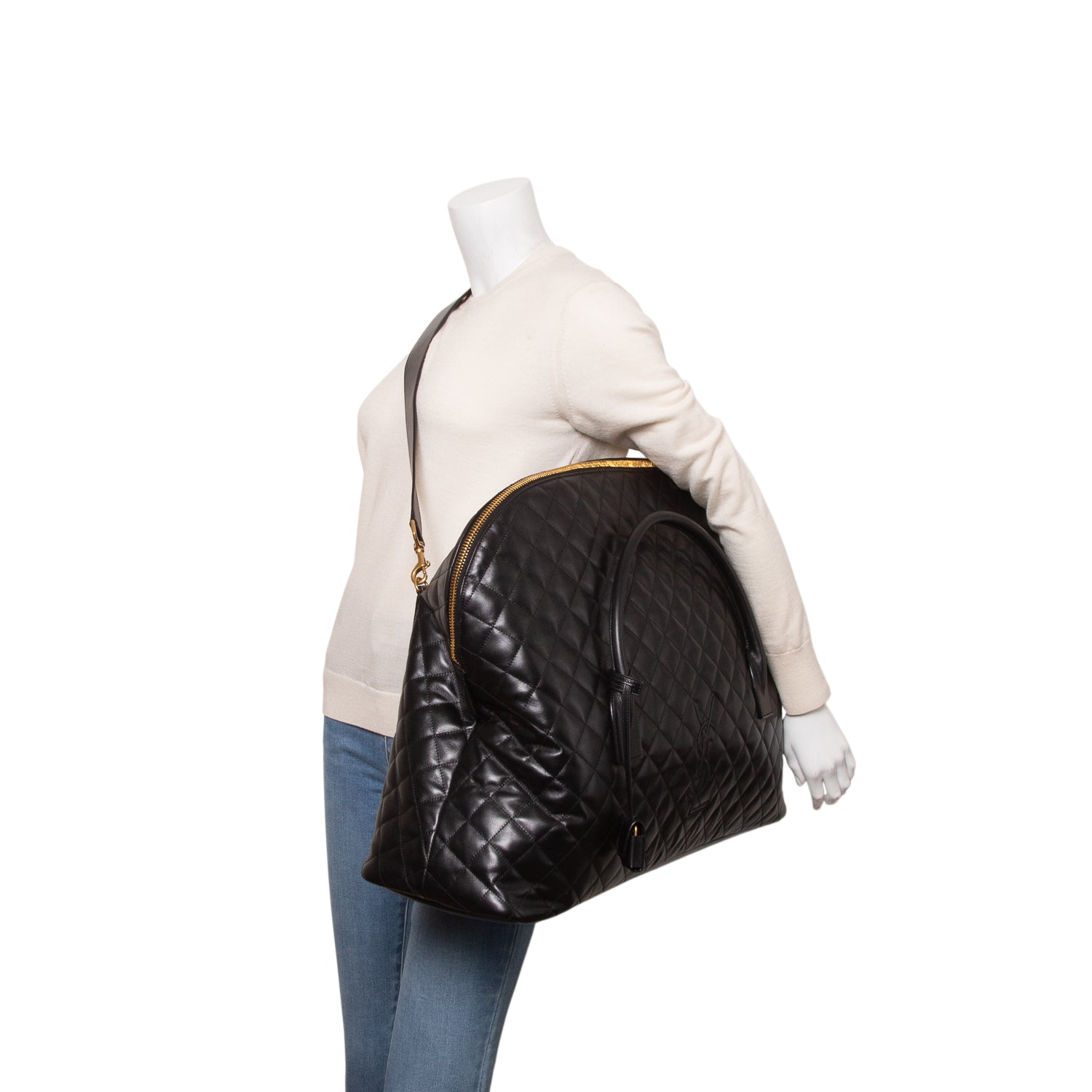 Saint Laurent 2023 Black Calfskin Quilted ES Giant Travel Bag w/ Strap