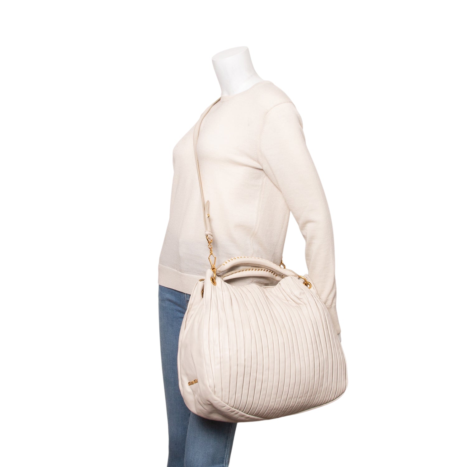 Miu Miu Cream Leather Plisse Accordion Bag w/ Strap