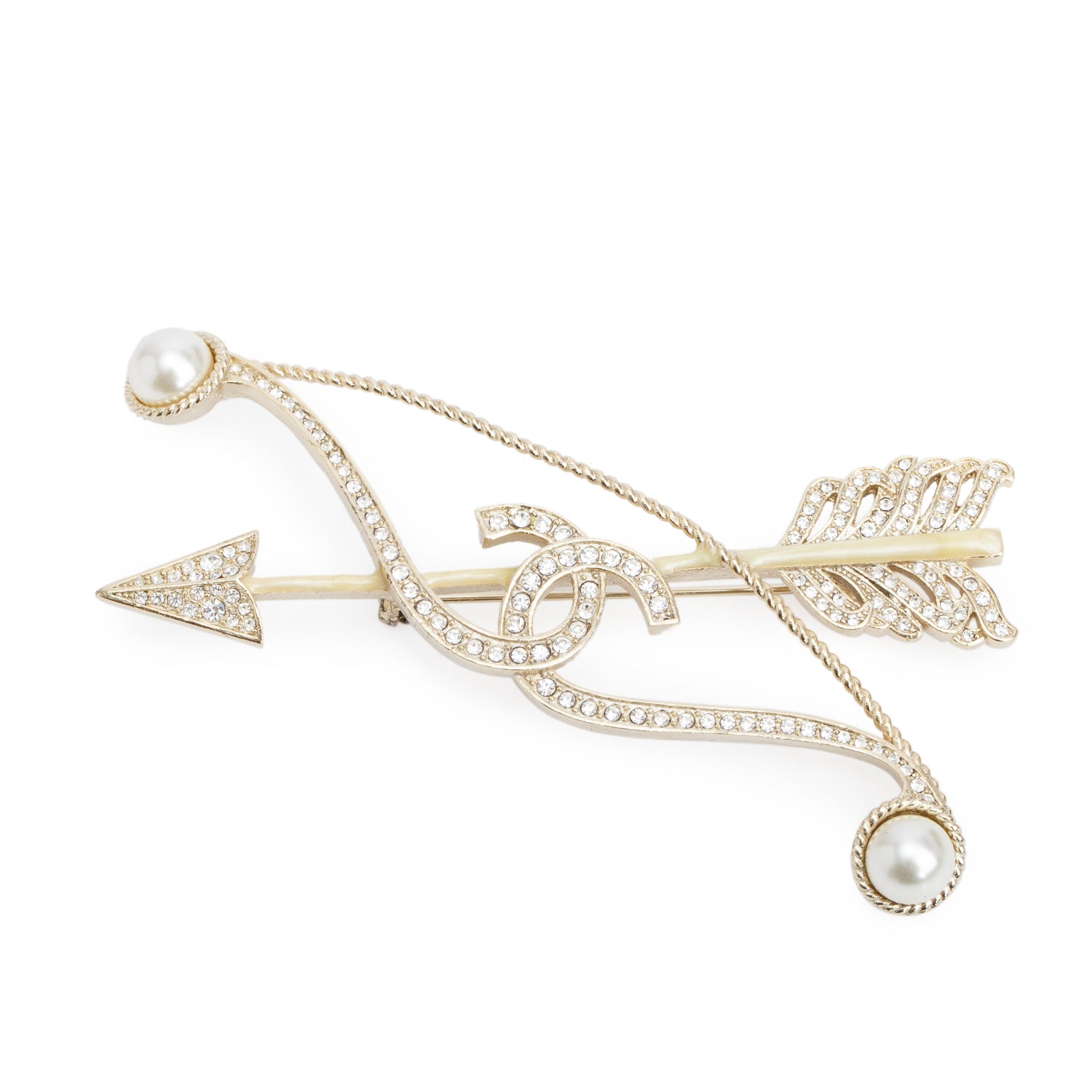 Chanel Gold Plated Faux Pearl & Strass CC Bow and Arrow Brooch