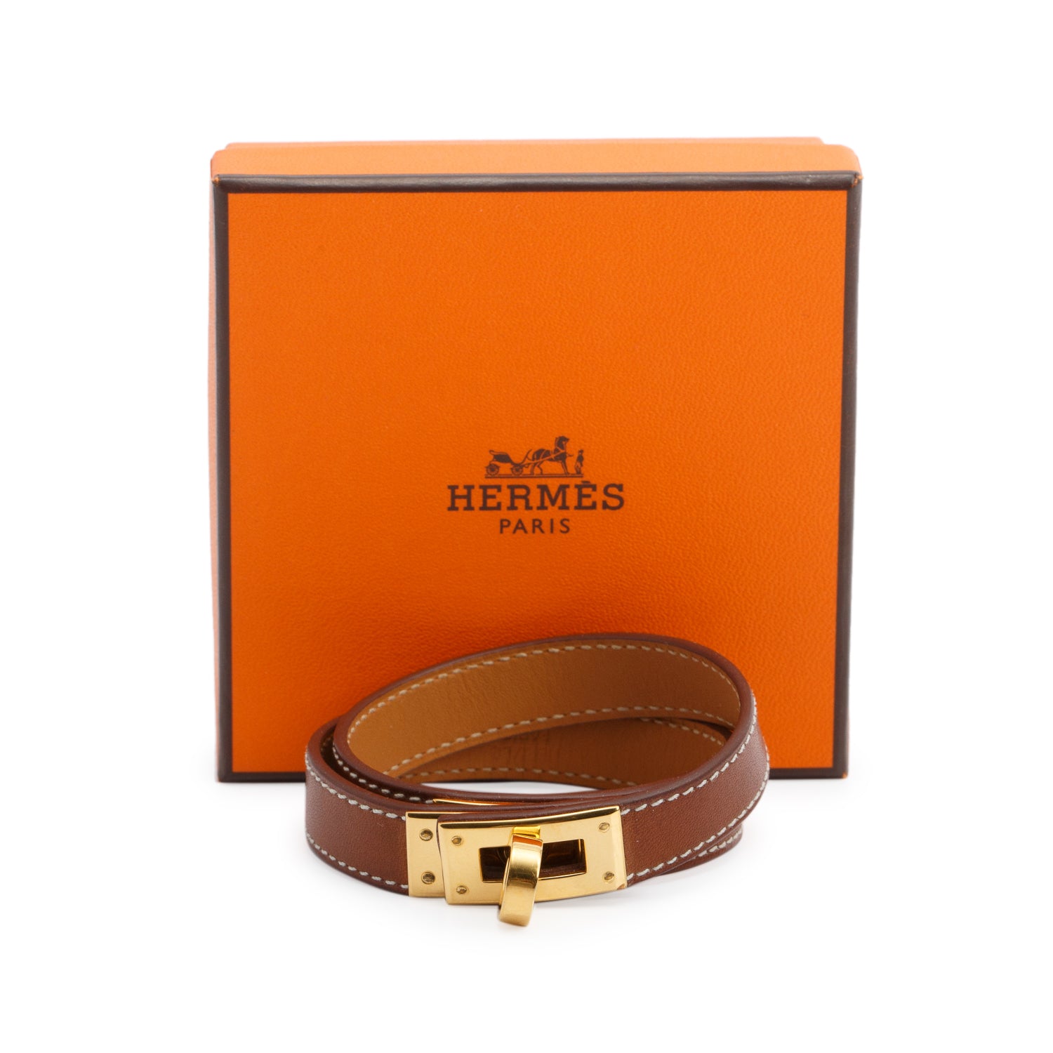 Hermes Gold Plated Gold Calfskin Kelly Double Tour Bracelet, Size M w/ Box