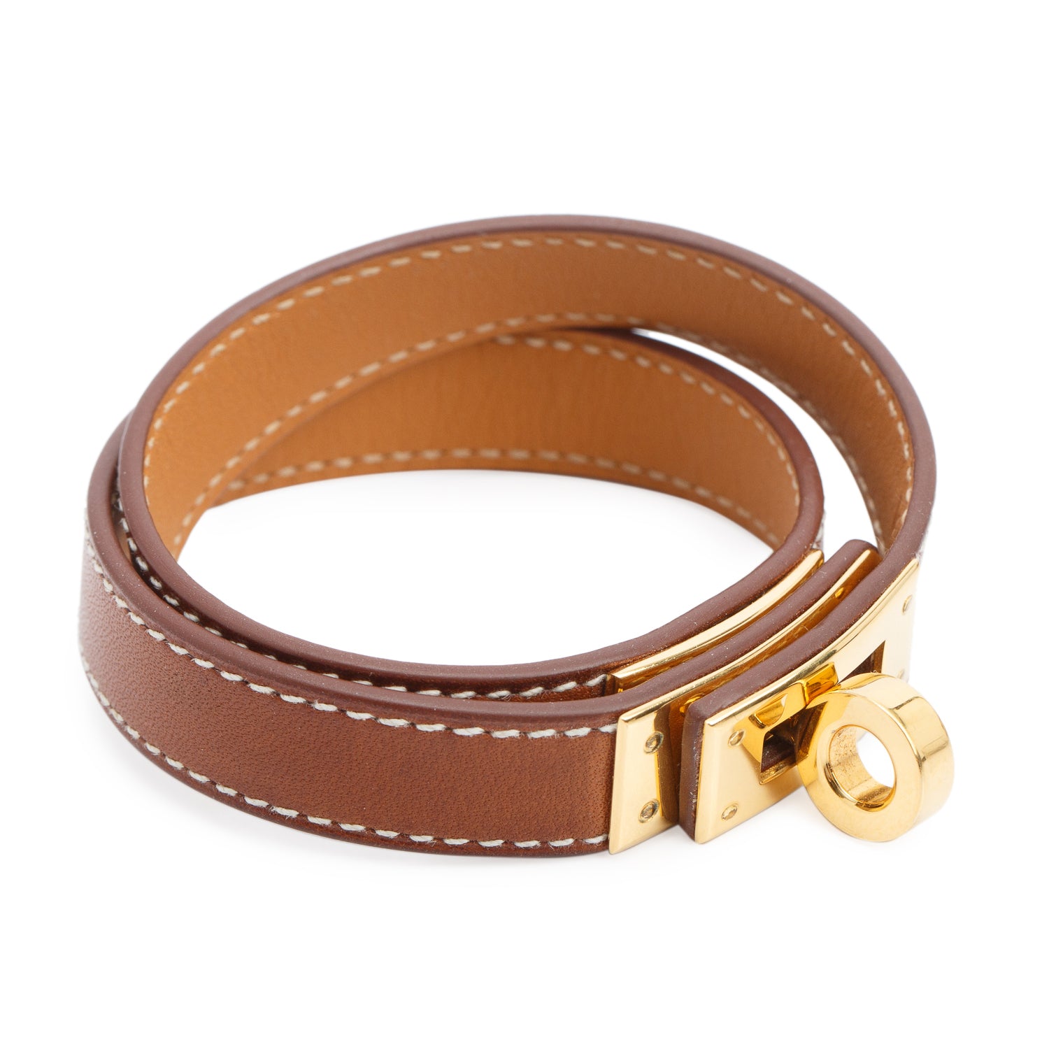 Hermes Gold Plated Gold Calfskin Kelly Double Tour Bracelet, Size M w/ Box