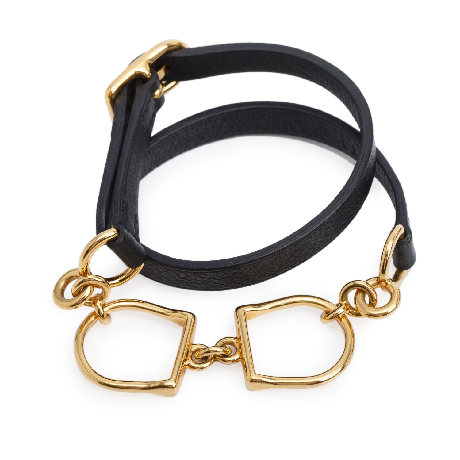 Hermes Gold Plated Black Calfskin Etrier Double Tour Wrap Bracelet, Size T3 w/ Box