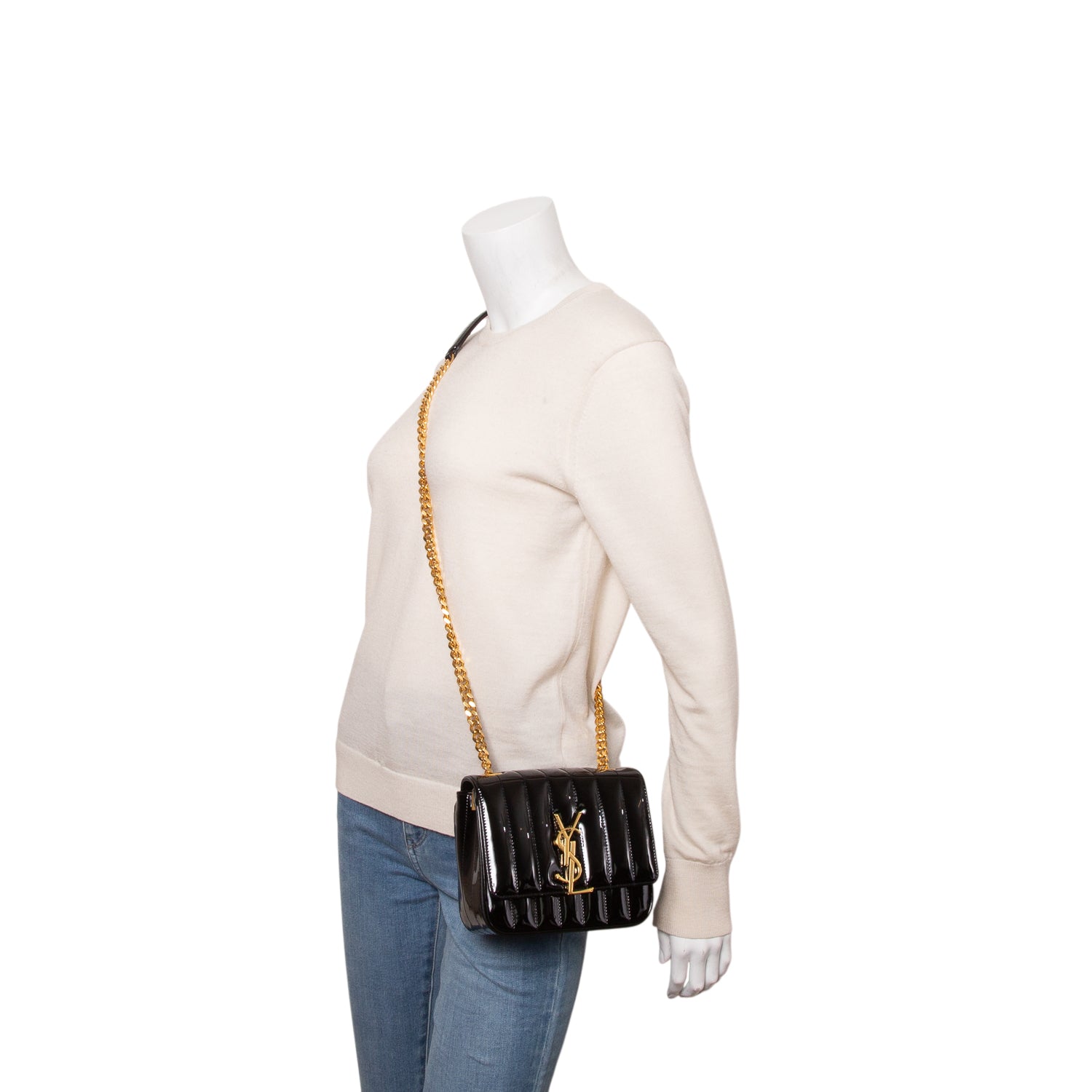 Saint Laurent Black Patent Calfskin Matelasse Monogram Small Vicky Chain Bag w/ Box