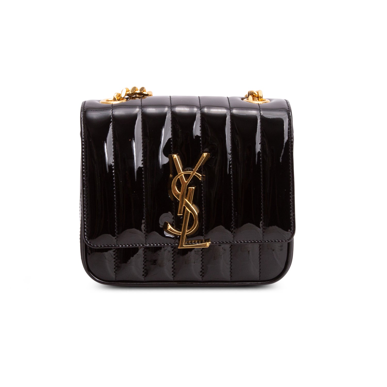 Saint Laurent Black Patent Calfskin Matelasse Monogram Small Vicky Chain Bag w/ Box