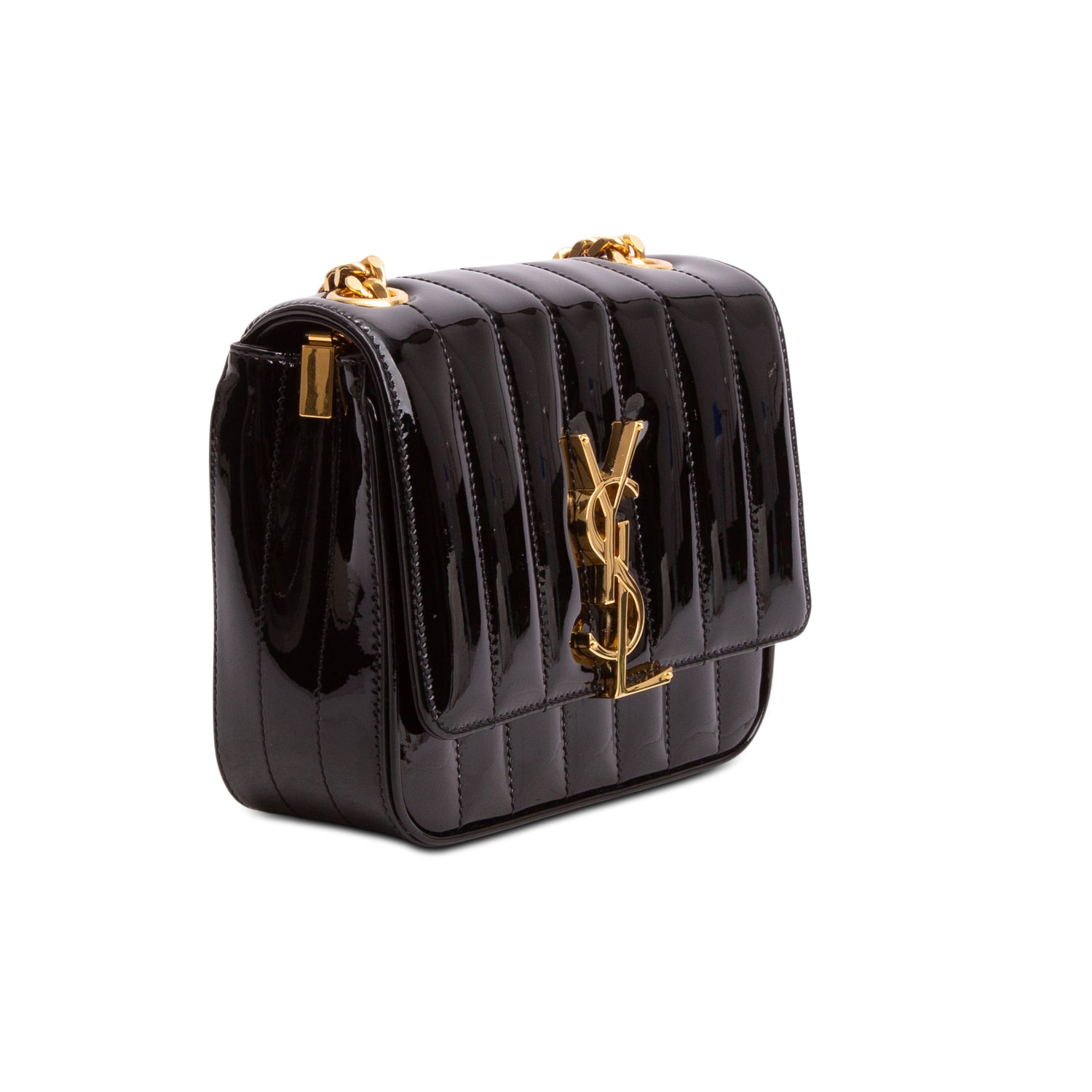 Saint Laurent Black Patent Calfskin Matelasse Monogram Small Vicky Chain Bag w/ Box