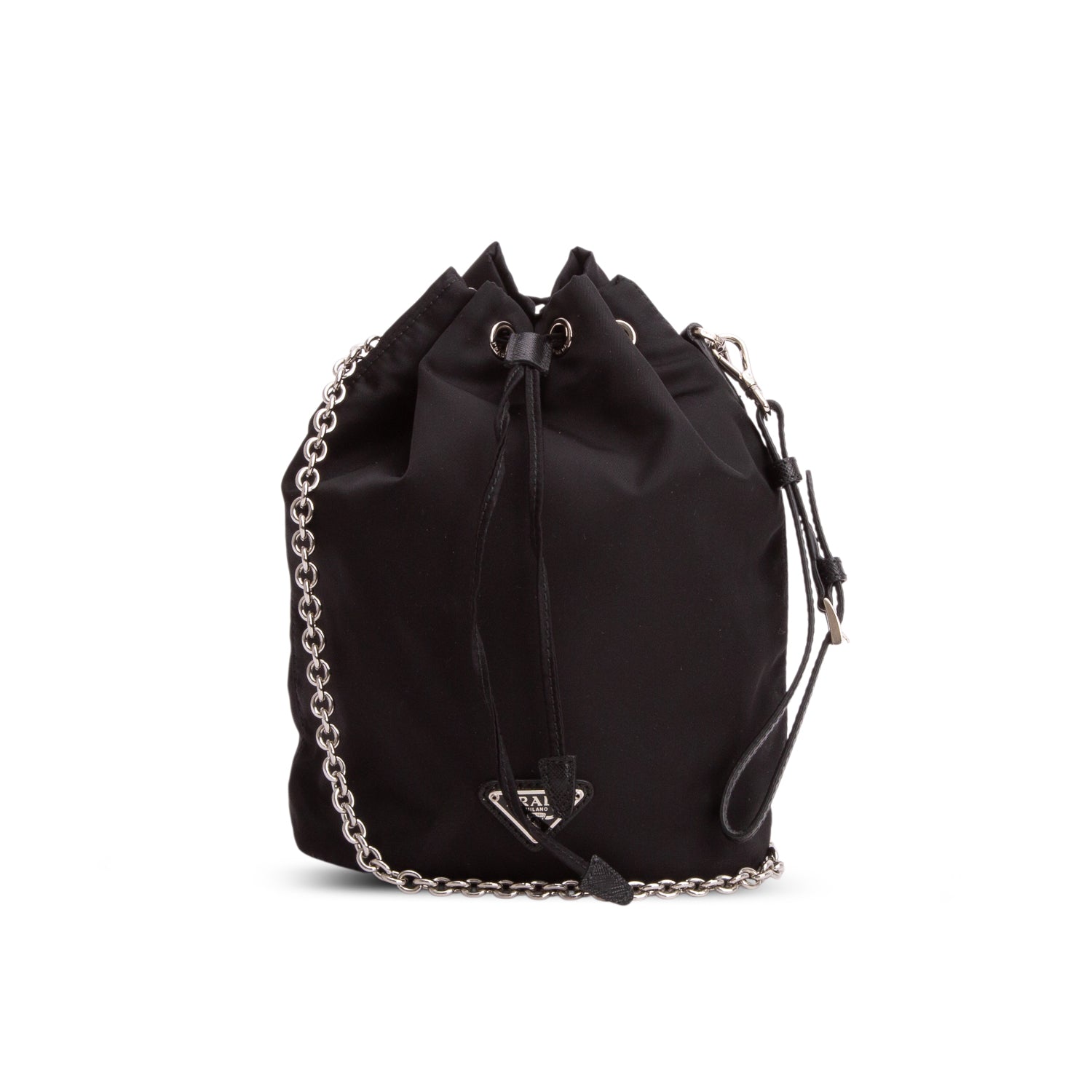 Prada Black Re-Nylon Bucket Pouch Wristlet w/ Chain