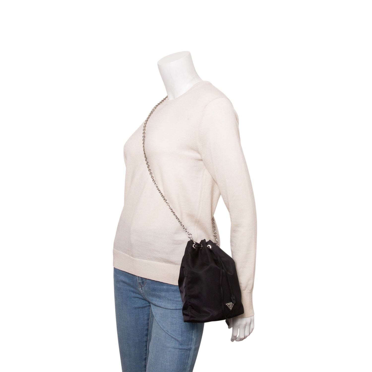 Prada Black Re-Nylon Bucket Pouch Wristlet w/ Chain