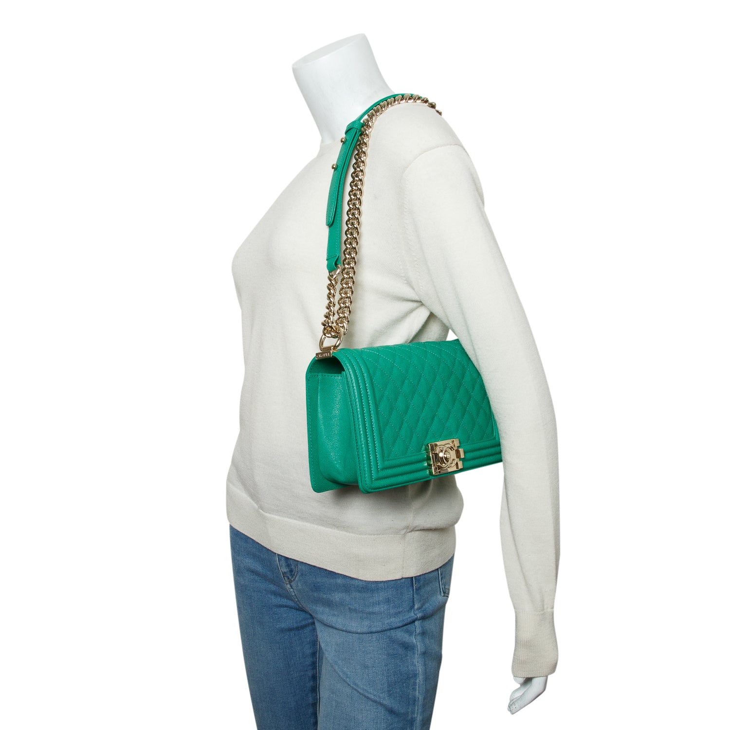 Chanel 2020 Green Caviar Quilted Medium Boy Flap Bag w/ Box, Authenticity Card & Receipt