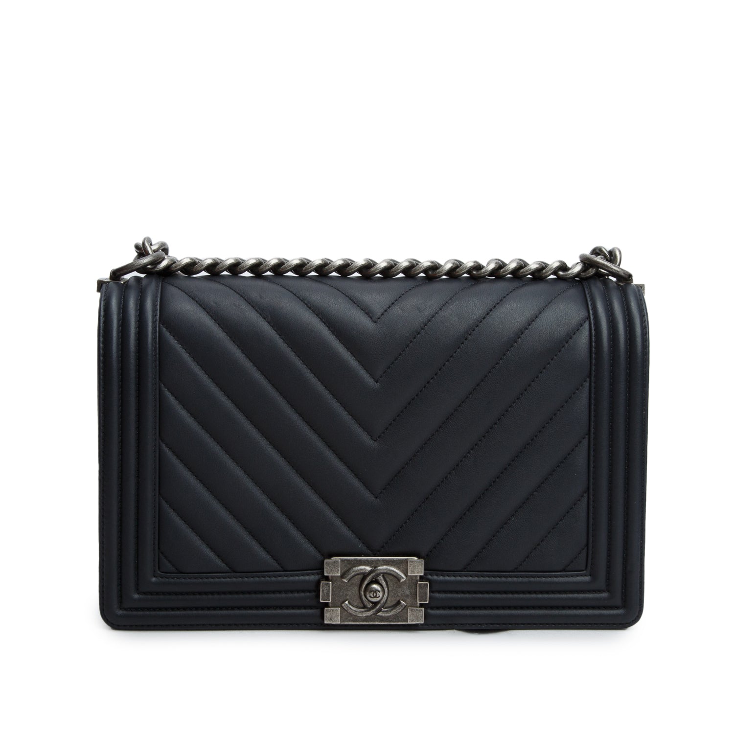 Chanel Black Chevron Quilted Lambskin Large Boy Bag w/ Box & Authenticity Card