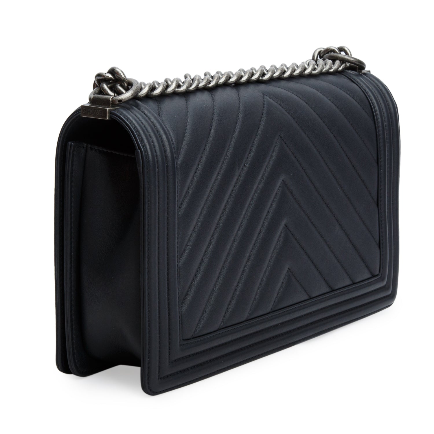 Chanel Black Chevron Quilted Lambskin Large Boy Bag w/ Box & Authenticity Card