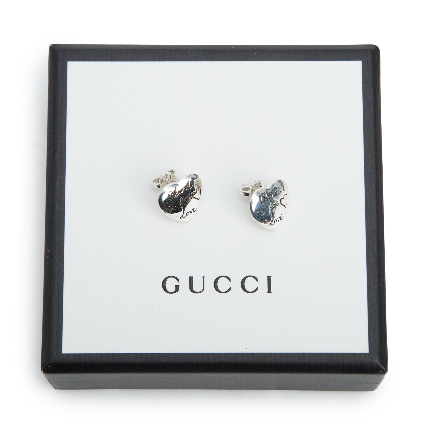 Gucci Sterling Silver Blind for Love Heart Stud Earrings w/ Box