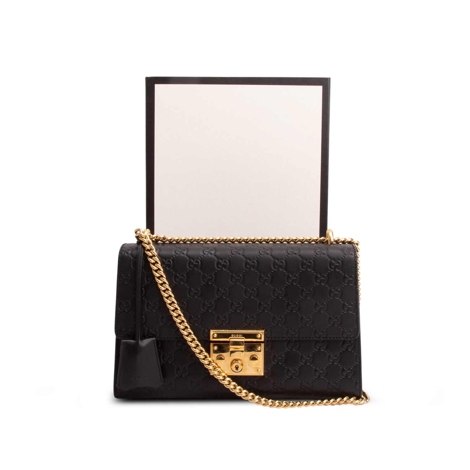 Gucci Black GG Signature Leather Medium Padlock Shoulder Bag w/ Box