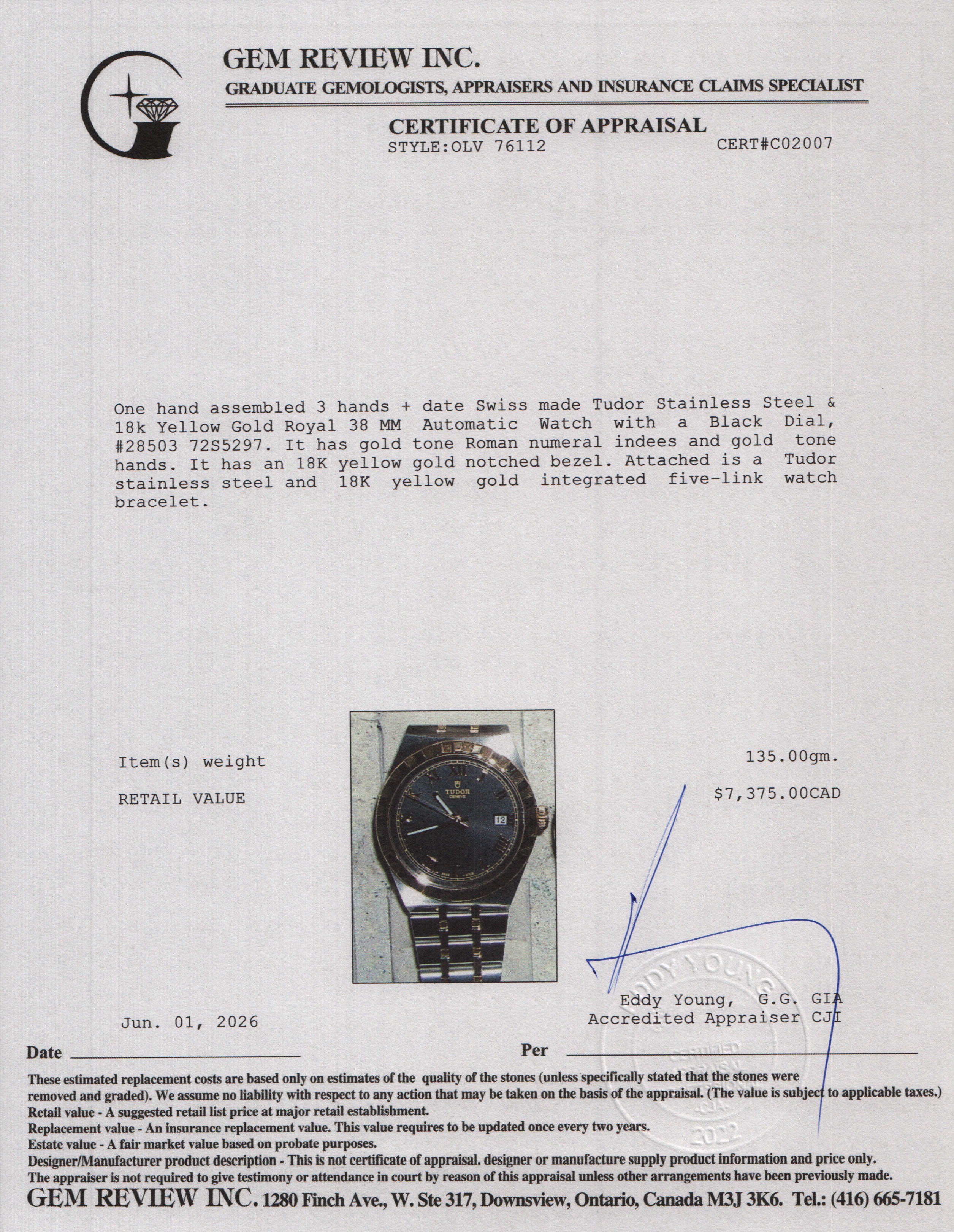 Tudor 2026 Stainless Steel & 18k Yellow Gold Royal 38 MM Automatic Watch Black Dial 28503 w/ Papers