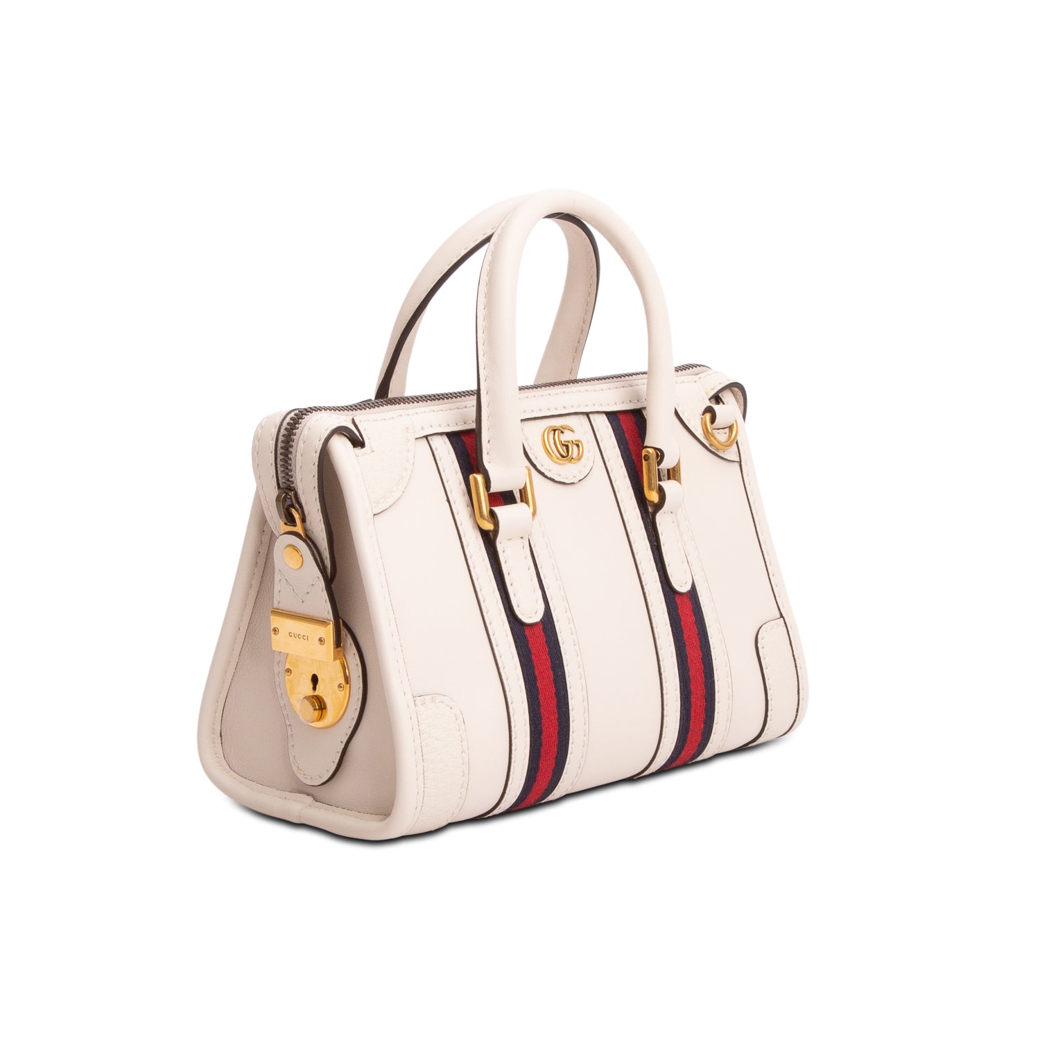 Gucci White Koy Calfskin Web Mini Bauletto Duffle Top Handle Bag w/ Strap