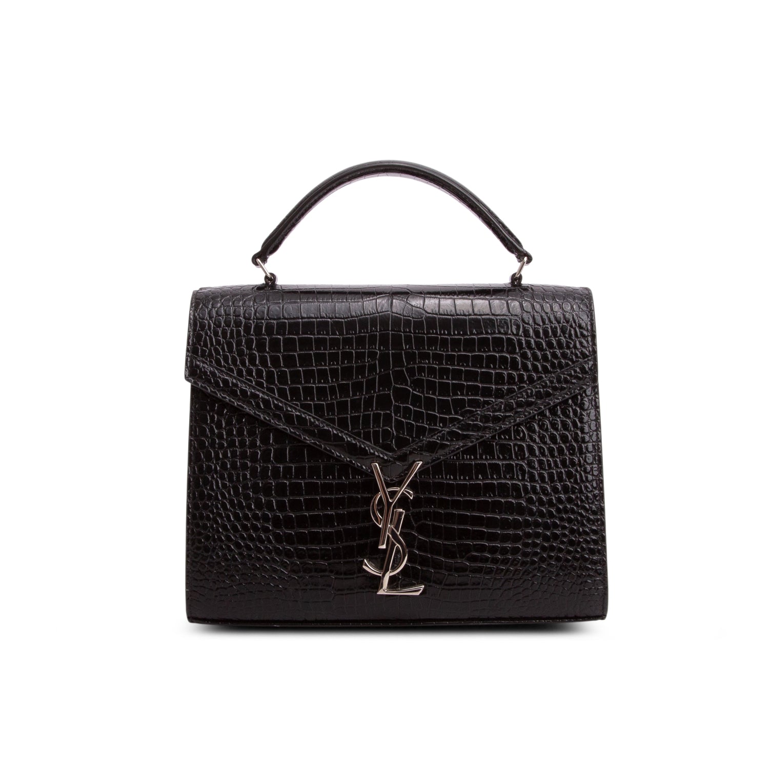 Saint Laurent Black Calfskin Crocodile Embossed Medium Classic Monogram Cassandra Top Handle w/ Strap