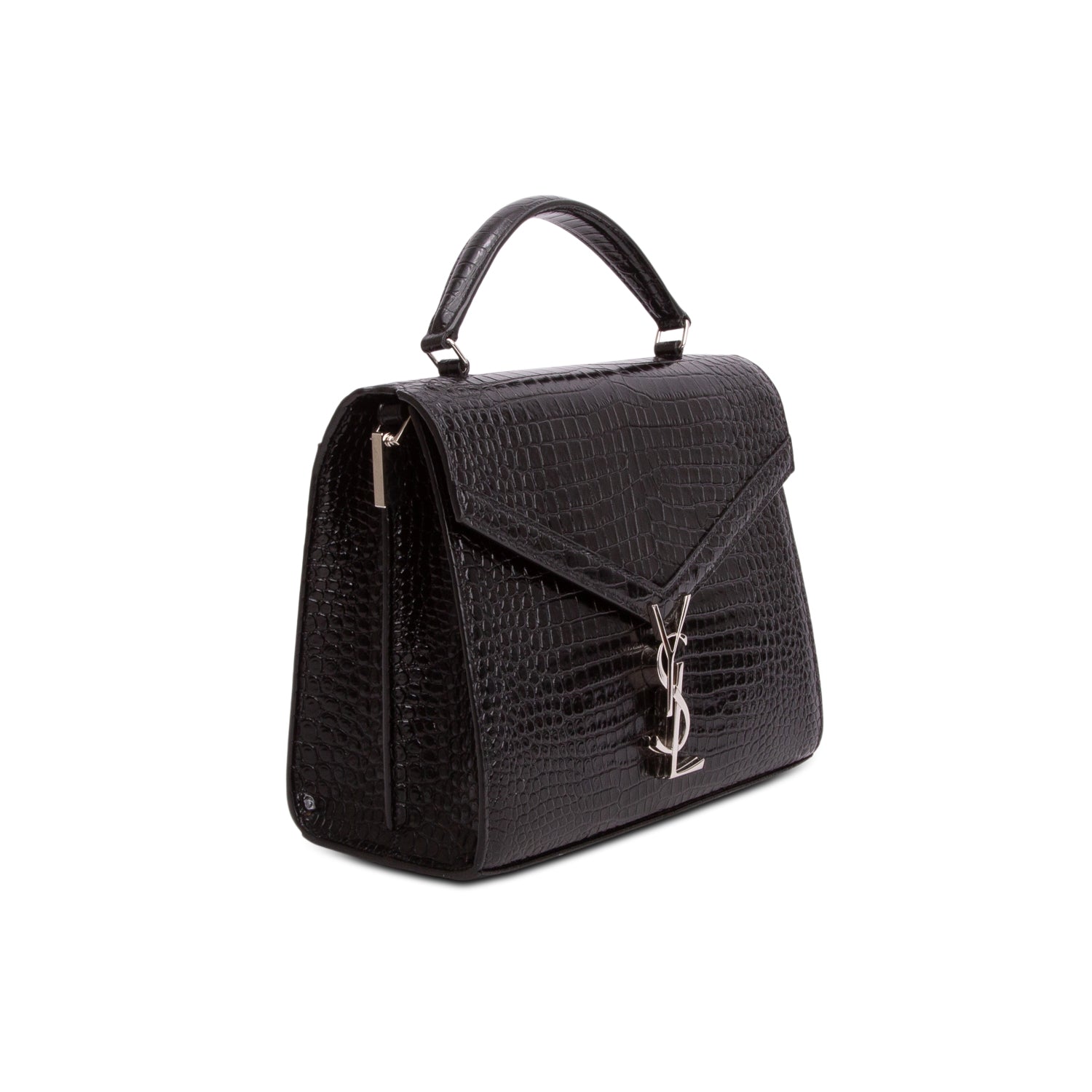 Saint Laurent Black Calfskin Crocodile Embossed Medium Classic Monogram Cassandra Top Handle w/ Strap