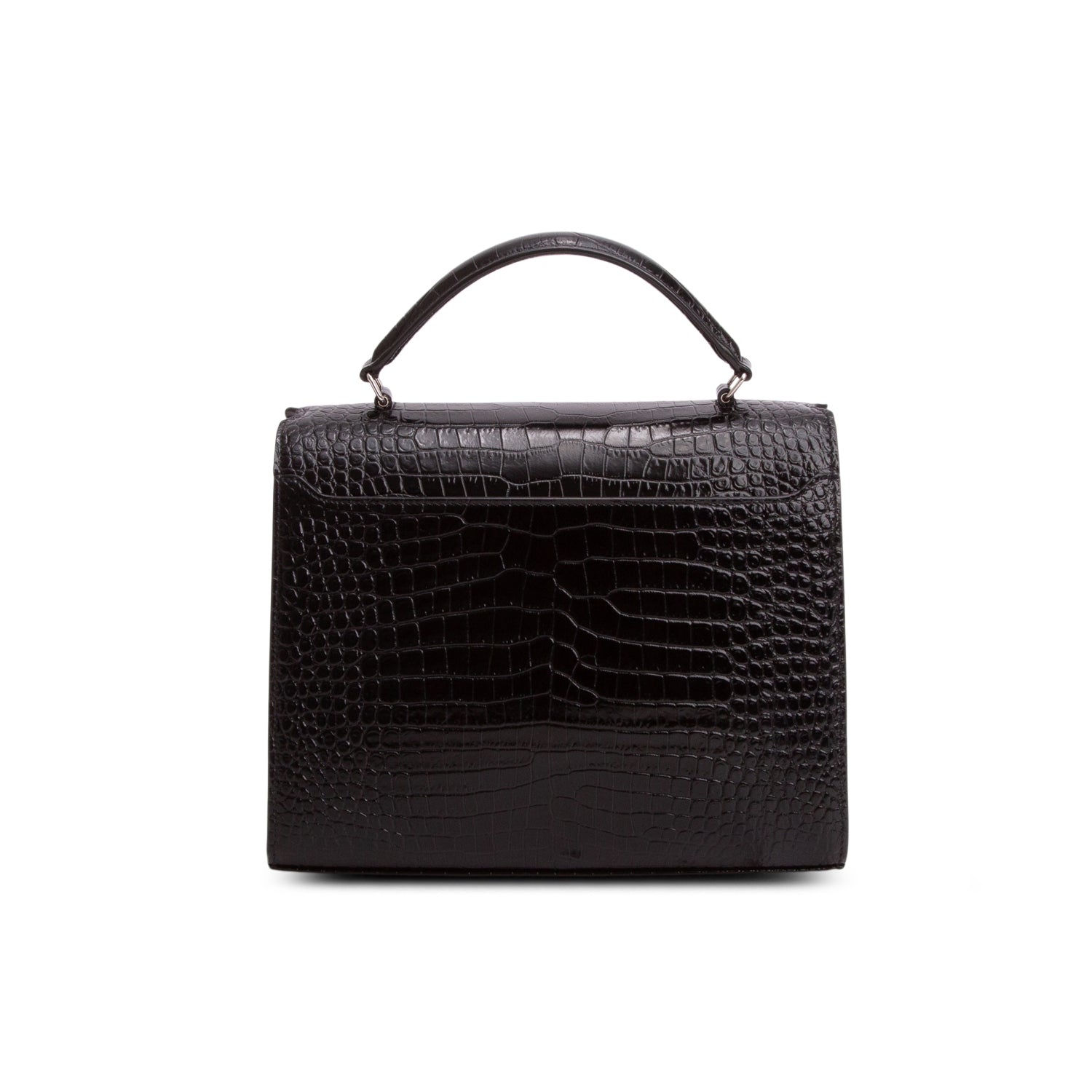 Saint Laurent Black Calfskin Crocodile Embossed Medium Classic Monogram Cassandra Top Handle w/ Strap