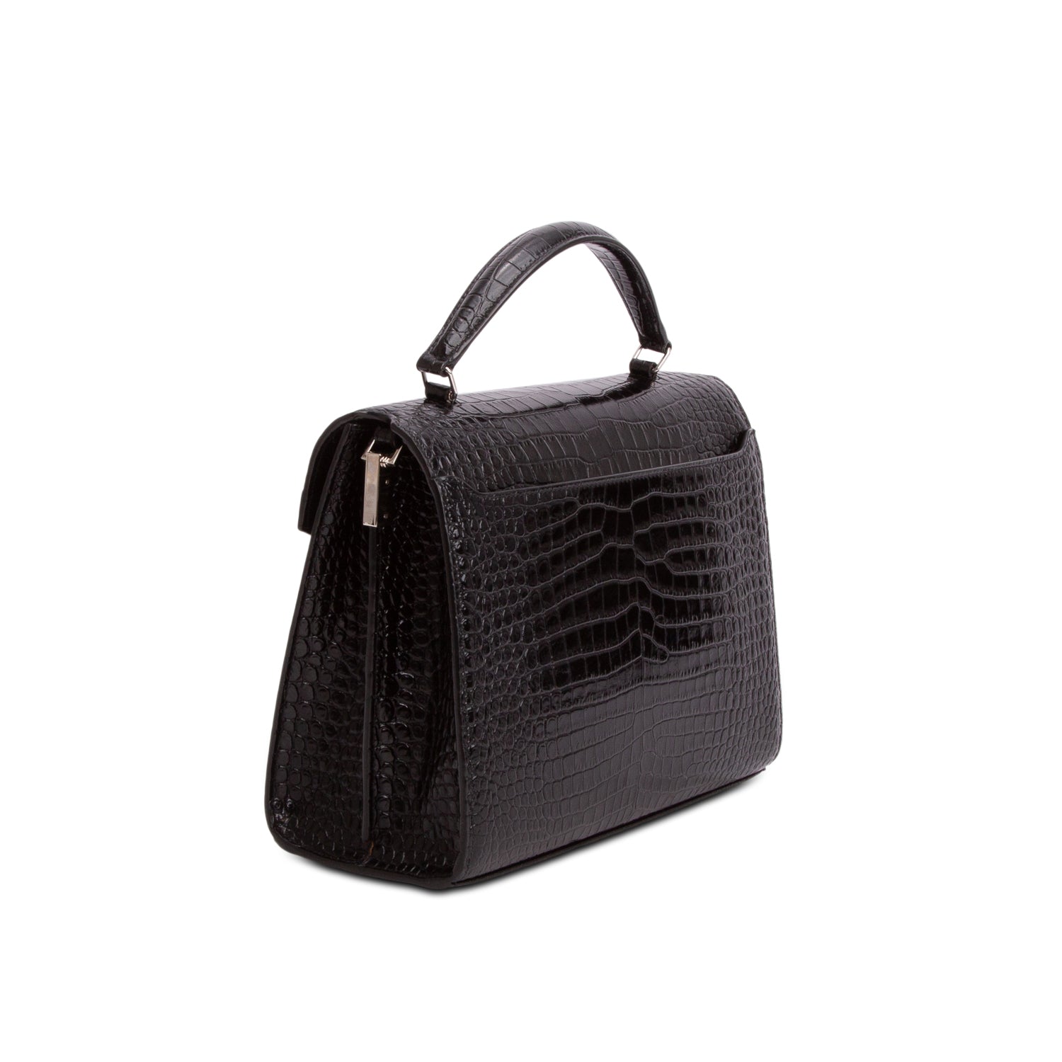 Saint Laurent Black Calfskin Crocodile Embossed Medium Classic Monogram Cassandra Top Handle w/ Strap