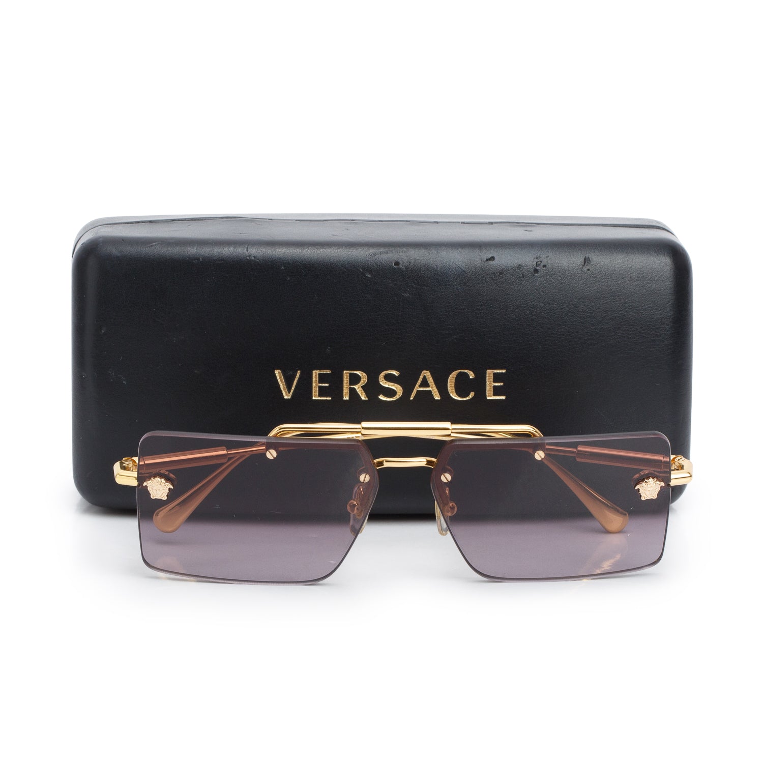 Versace Mod 2245 Gold Tone Metal Rimless Medusa Square Sunglasses w/ Case