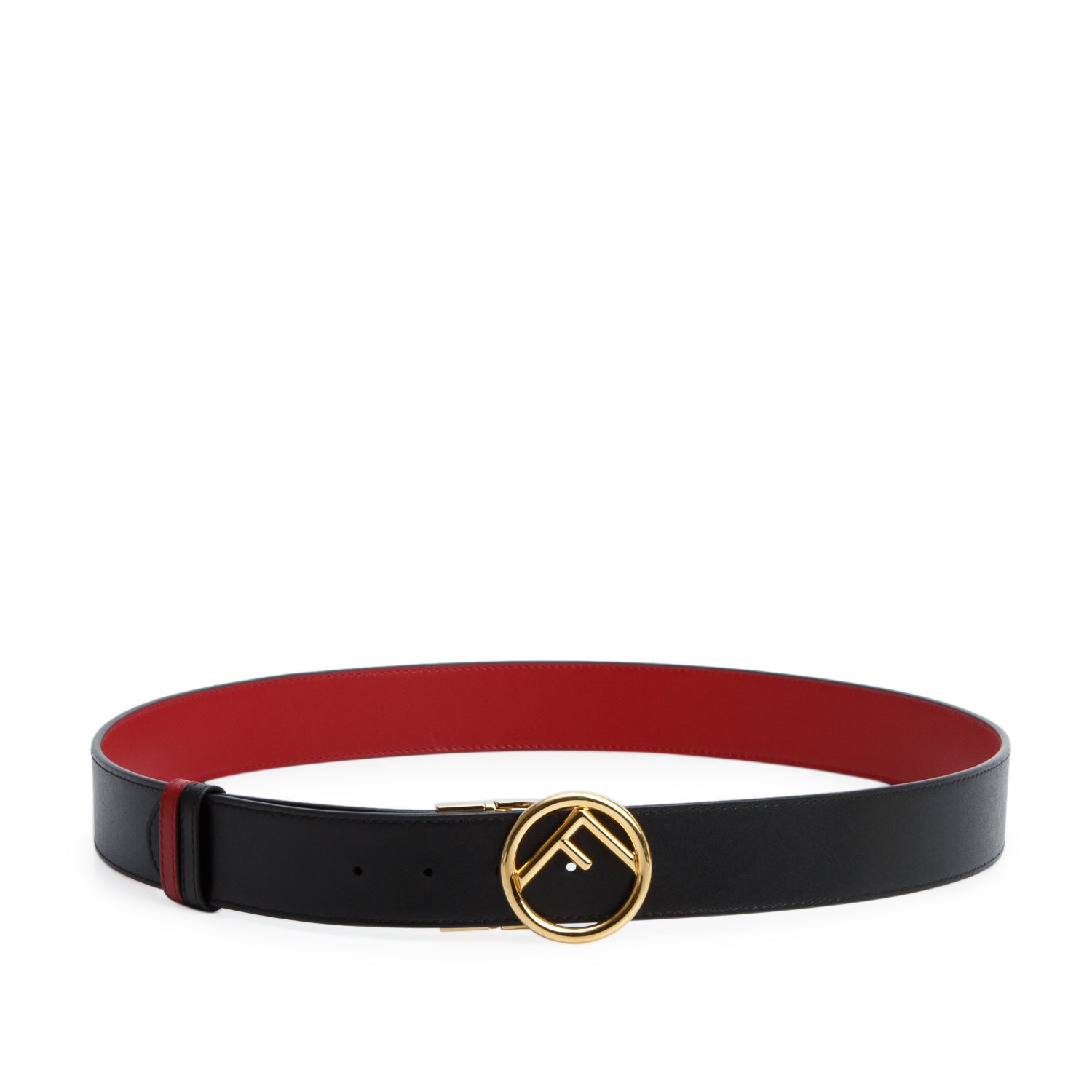 Fendi Black/Red Calfskin Leather F is Fendi Round Buckle Belt