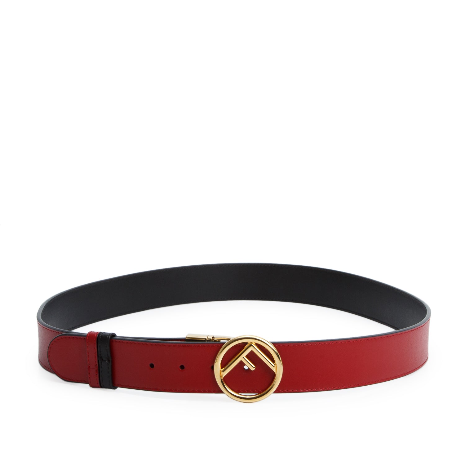 Fendi Black/Red Calfskin Leather F is Fendi Round Buckle Belt