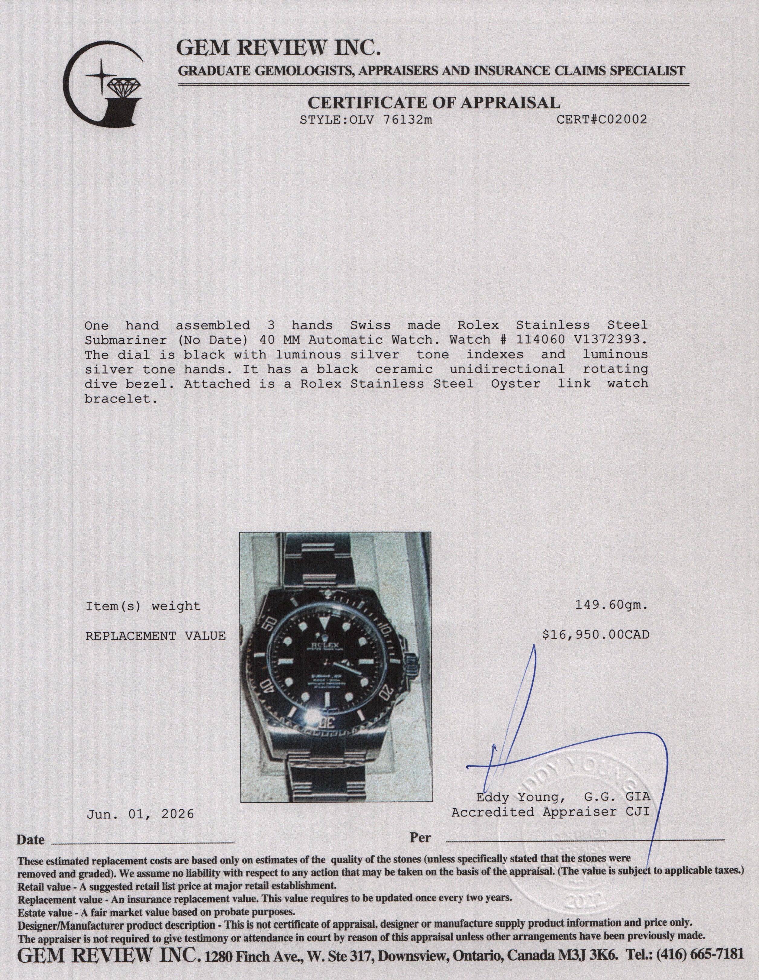 Rolex Stainless Steel Submariner (No Date) 40 MM Automatic Watch Black Dial 114060 w/ Box & Papers