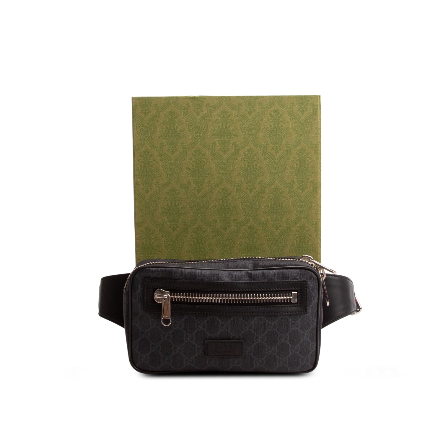 Gucci Black Soft GG Supreme Monogram Web Belt Bag w/ Box