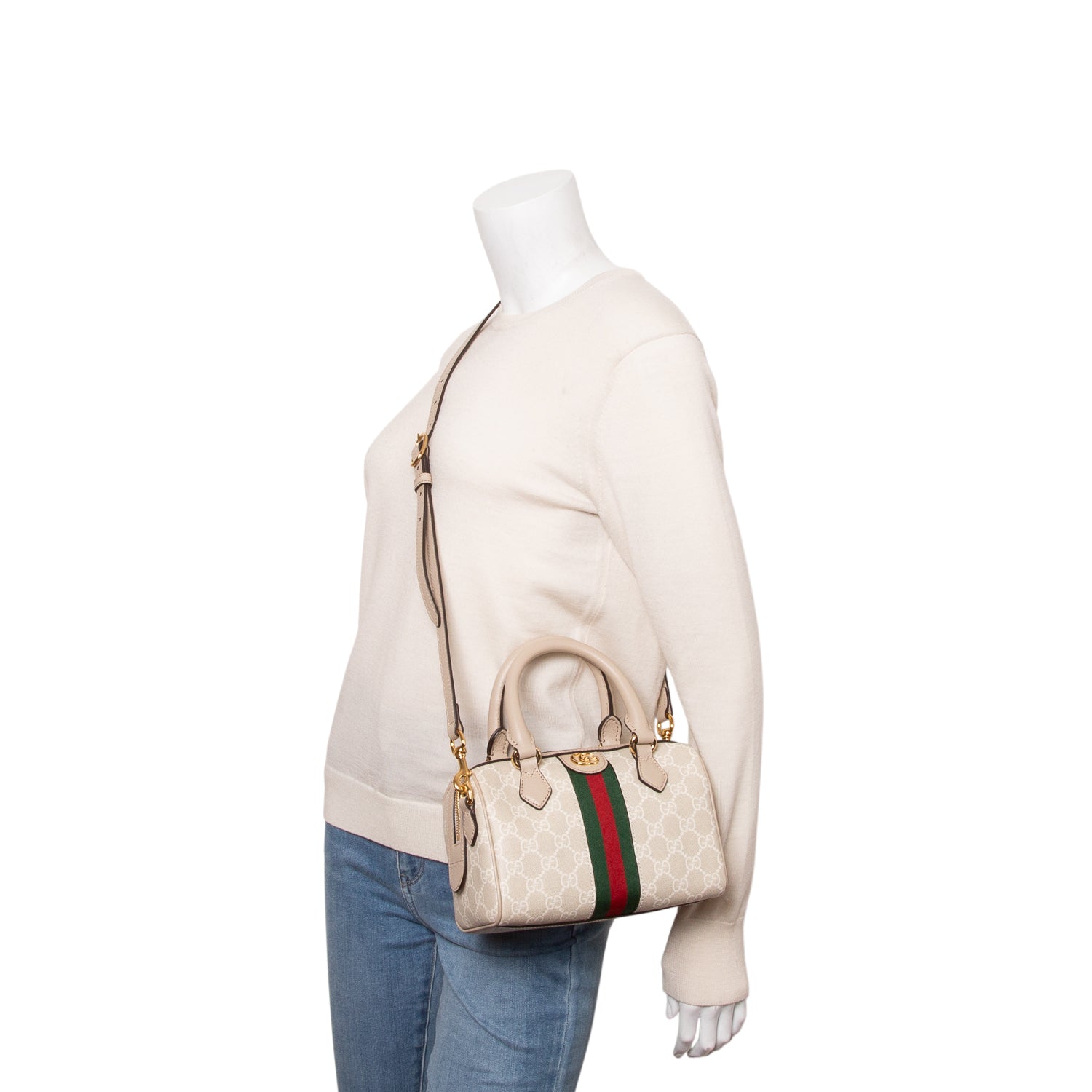 Gucci GG Supreme Monogram Textured Dollar Calfskin Web Small Ophidia Top Handle Bag w/ Box & Strap