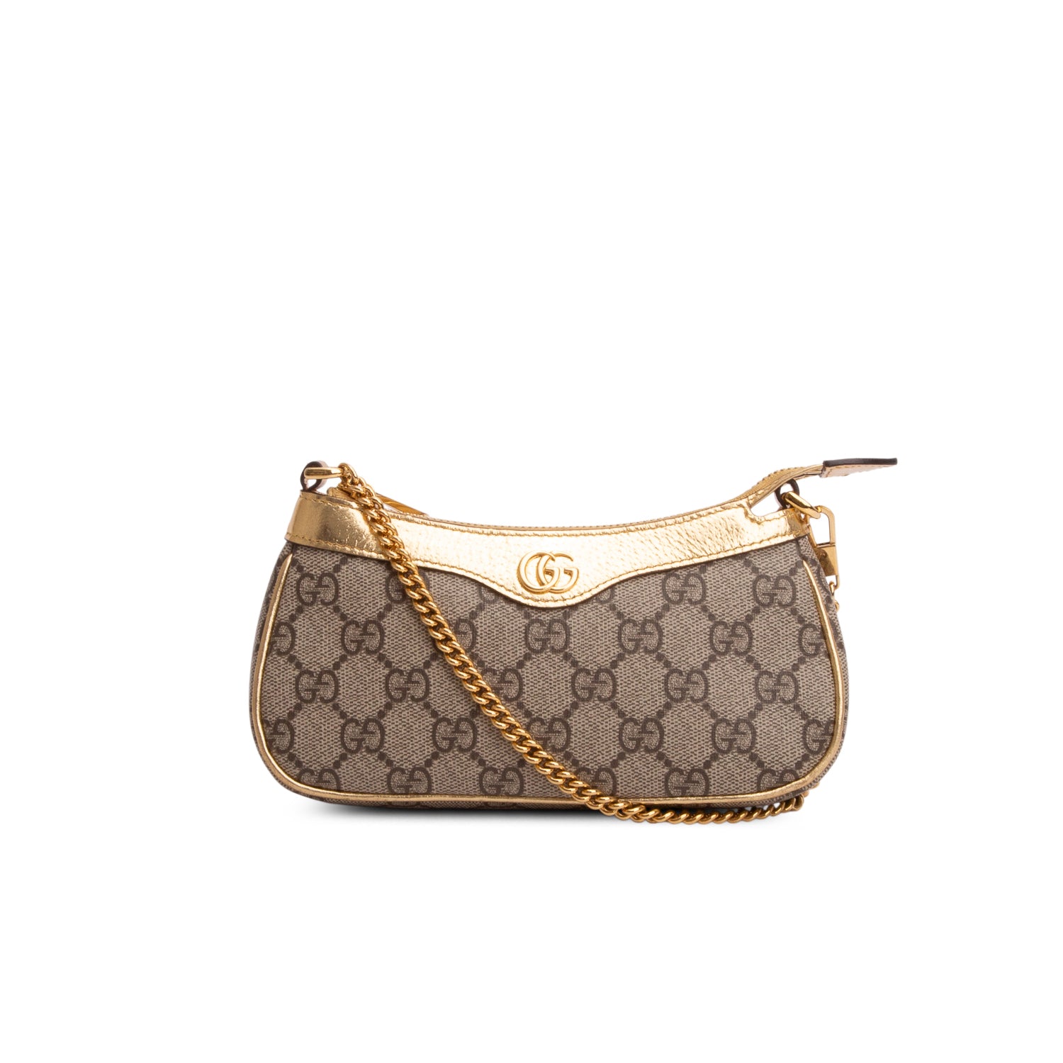 Gucci Beige & Gold GG Supreme Monogram Textured Dollar Calfskin Mini Ophidia Chain Bag w/ Box