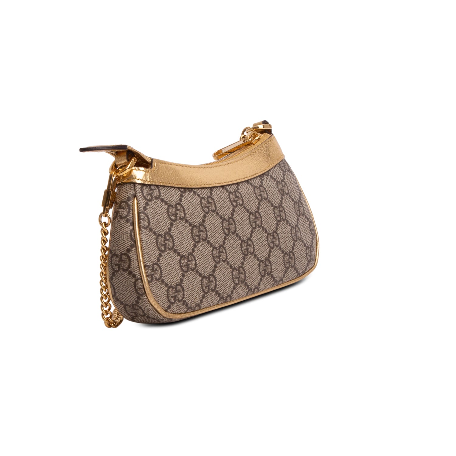 Gucci Beige & Gold GG Supreme Monogram Textured Dollar Calfskin Mini Ophidia Chain Bag w/ Box