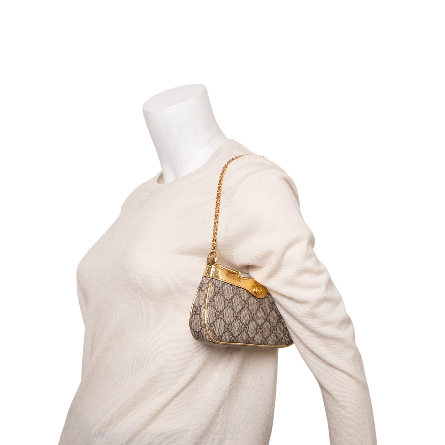 Gucci Beige & Gold GG Supreme Monogram Textured Dollar Calfskin Mini Ophidia Chain Bag w/ Box