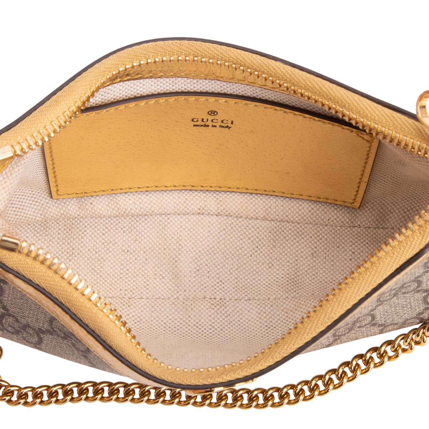 Gucci Beige & Gold GG Supreme Monogram Textured Dollar Calfskin Mini Ophidia Chain Bag w/ Box